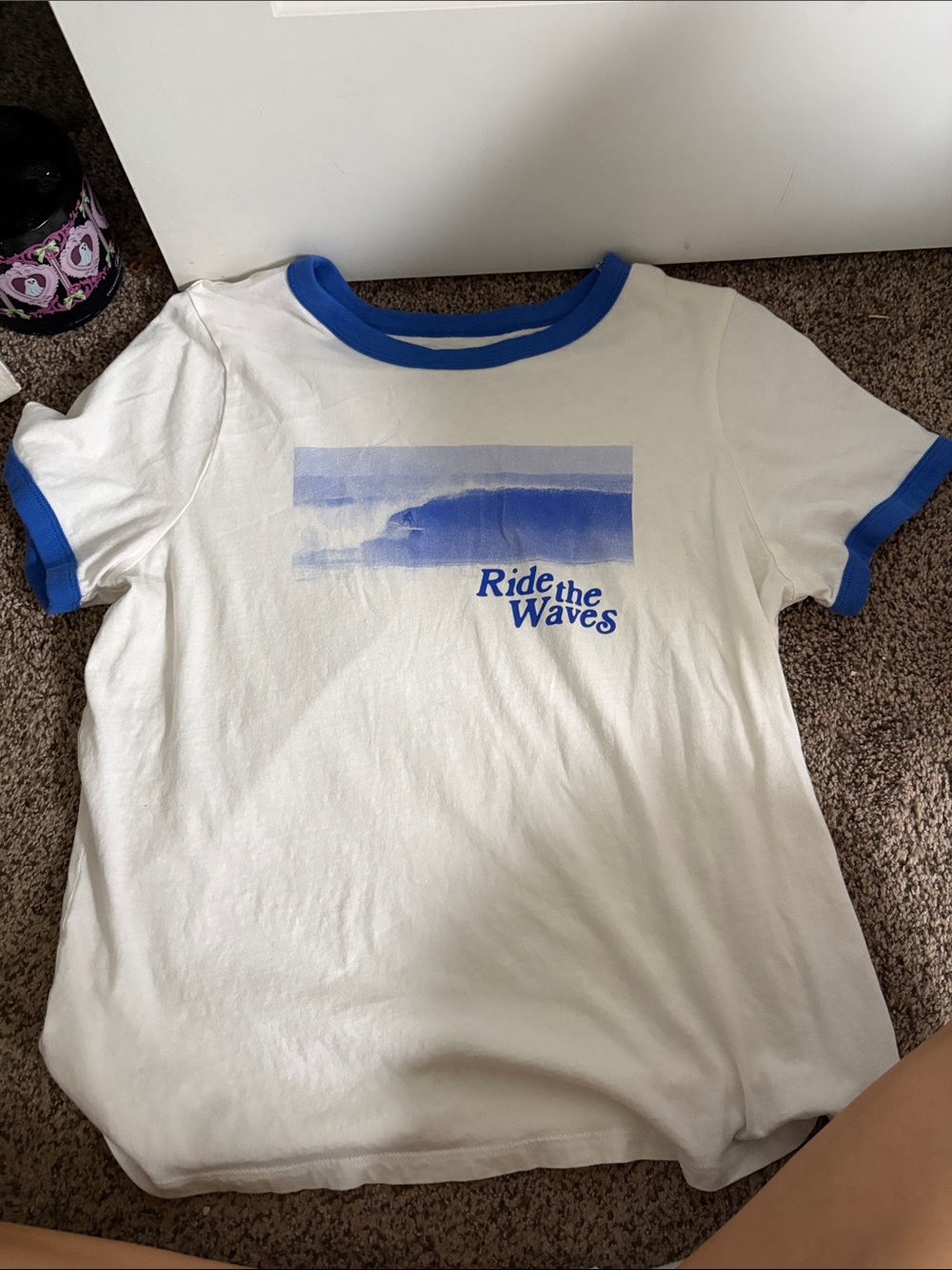 Old Navy White Tee with Blue Ringer and Surf Graphic